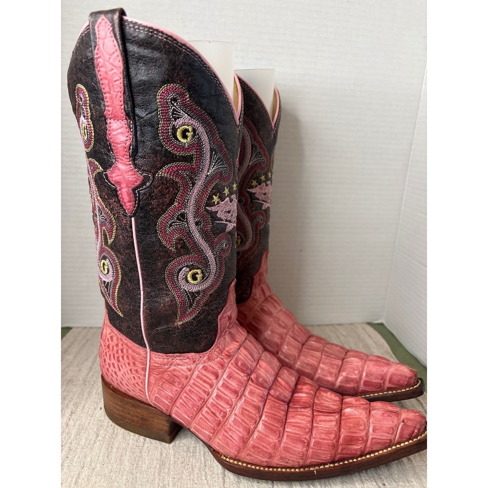 El General M6/W 7 Pink Caiman Crocodile Western Boots Embroidered Leather*read